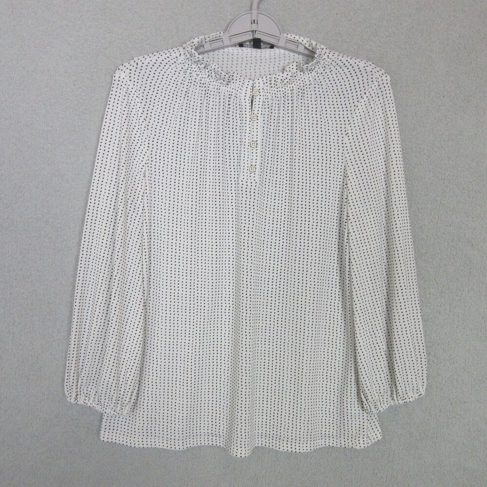 Adrianna Papell Blouse Womens S White Black Polka Dot Long Sleeve Button Neck